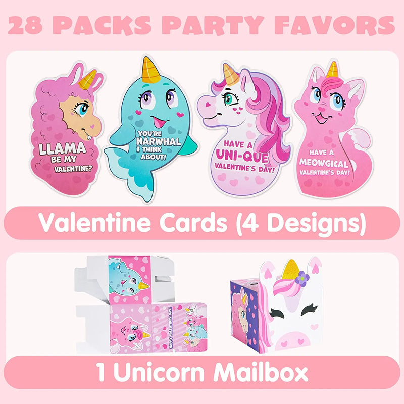 28Pcs Kids Valentines Cards with Unicorn Mailbox-Classroom Exchange Gifts
