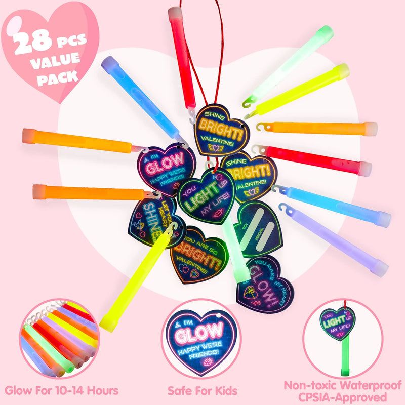 28Pcs Kids Valentines Day Cards with Ultra Bright Large Glow Sticks-Classroom Exchange Gifts