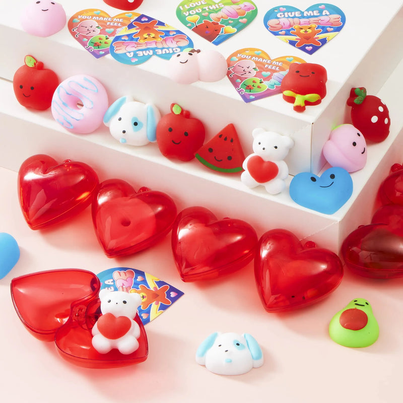 28Pcs Mochi Squishies Filled Hearts with Valentines Day Cards for Kids-Classroom Exchange Gifts