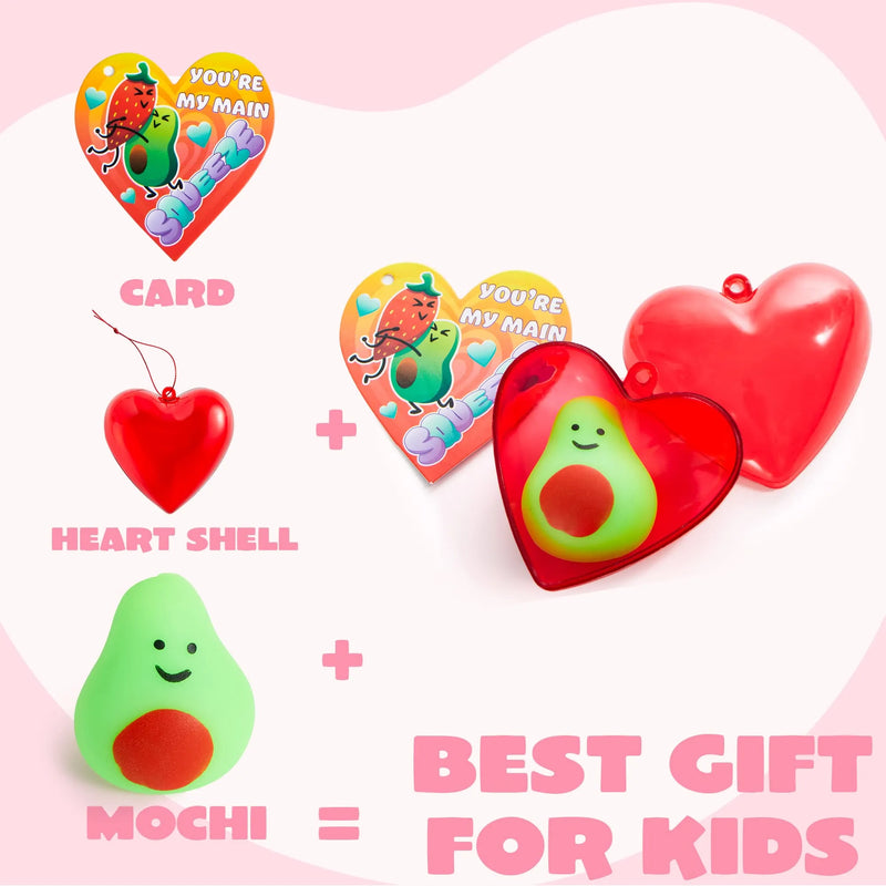 28Pcs Hearts Filled Mochi Squishy Toys with Kids Valentines Cards for Classroom Exchange