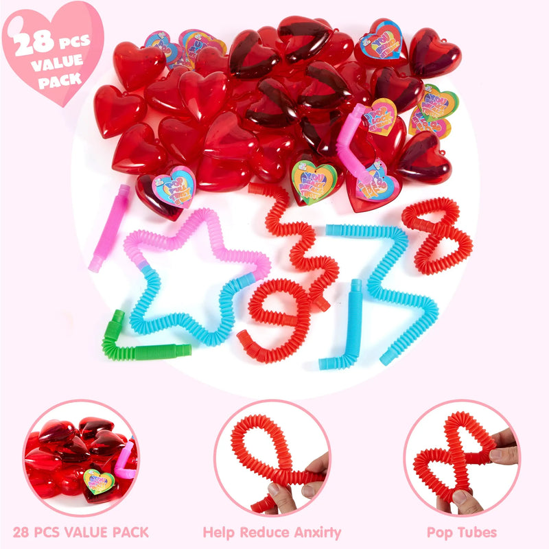 28Pcs push bubble Tubes Heart Shell Filled Hearts with Valentines Day Cards for Kids-Classroom Exchange Gifts