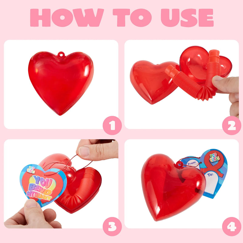 28Pcs push bubble Tubes Heart Shell Filled Hearts with Valentines Day Cards for Kids-Classroom Exchange Gifts