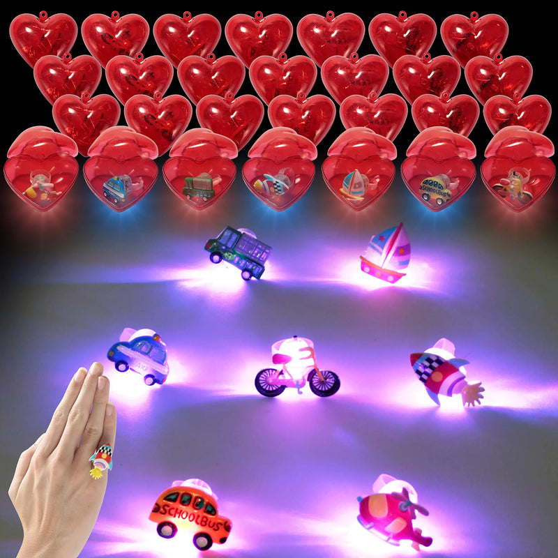 28Pcs Prefilled Hearts with Light-Up Rings and Valentines Day Cards for Kids-Classroom Exchange Gifts