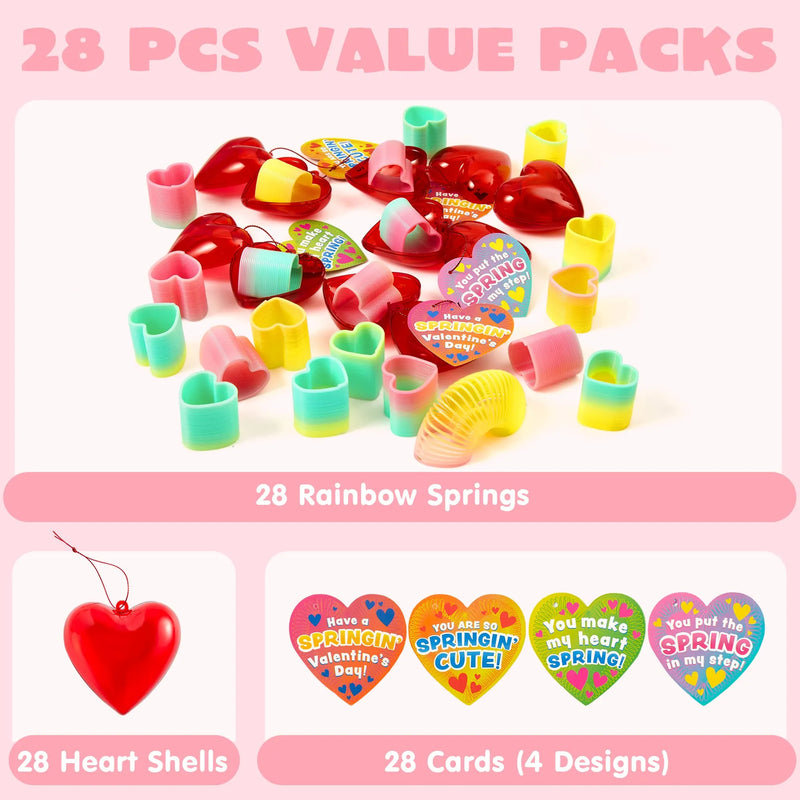 28Pcs Rainbow Springs Filled Hearts with Valentines Day Cards for Kids-Classroom Exchange Gifts