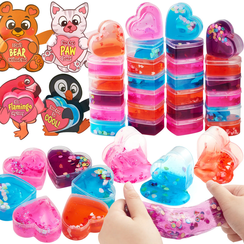 28pcs Slime Hearts with Valentines Day Cards for Kids-Classroom Exchange Gifts