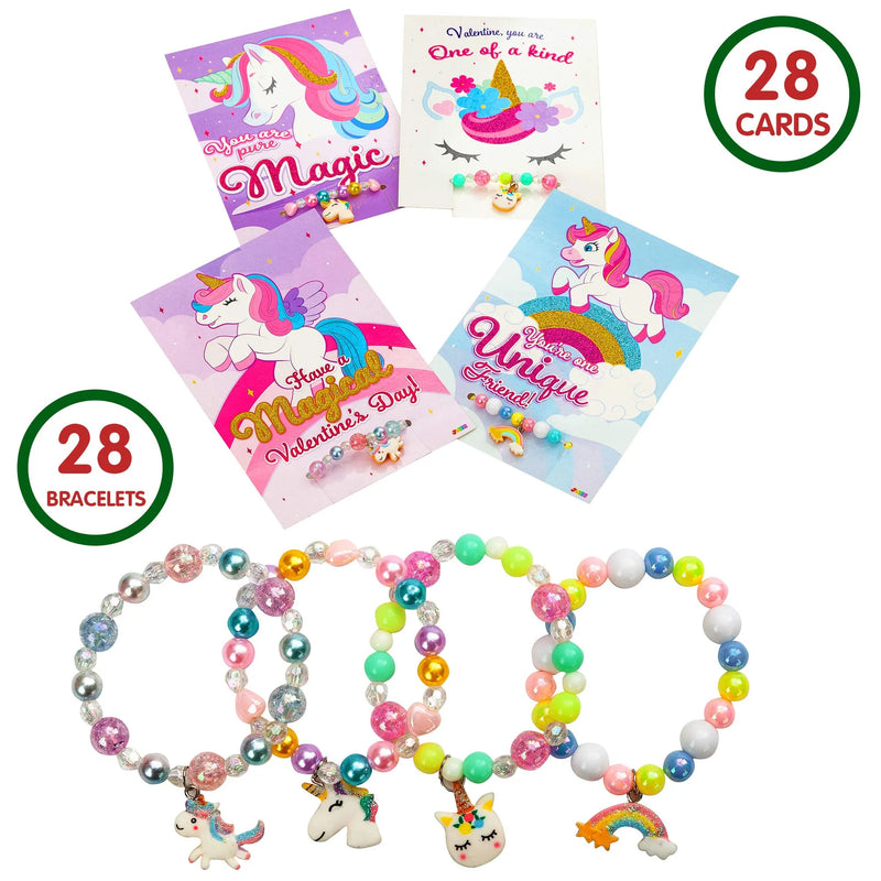 28Pcs Unicorn Kids Valentines Cards With Bracelets-Classroom Exchange Gifts