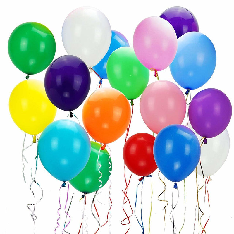 Assorted Color 12" Latex Party Balloons with 10 Bonus Colorful Ribbons, 100-Pack