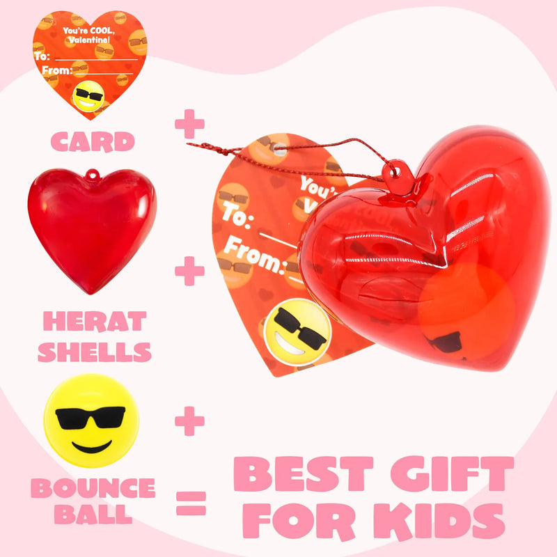 30Pcs Emoji Bouncy Ball Filled Hearts Set with Valentines Day Cards for Kids-Classroom Exchange Gifts