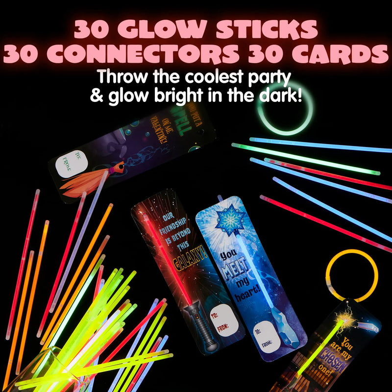 28pcs Kids Valentines Day Cards with Ultra Bright Large Glow Sticks