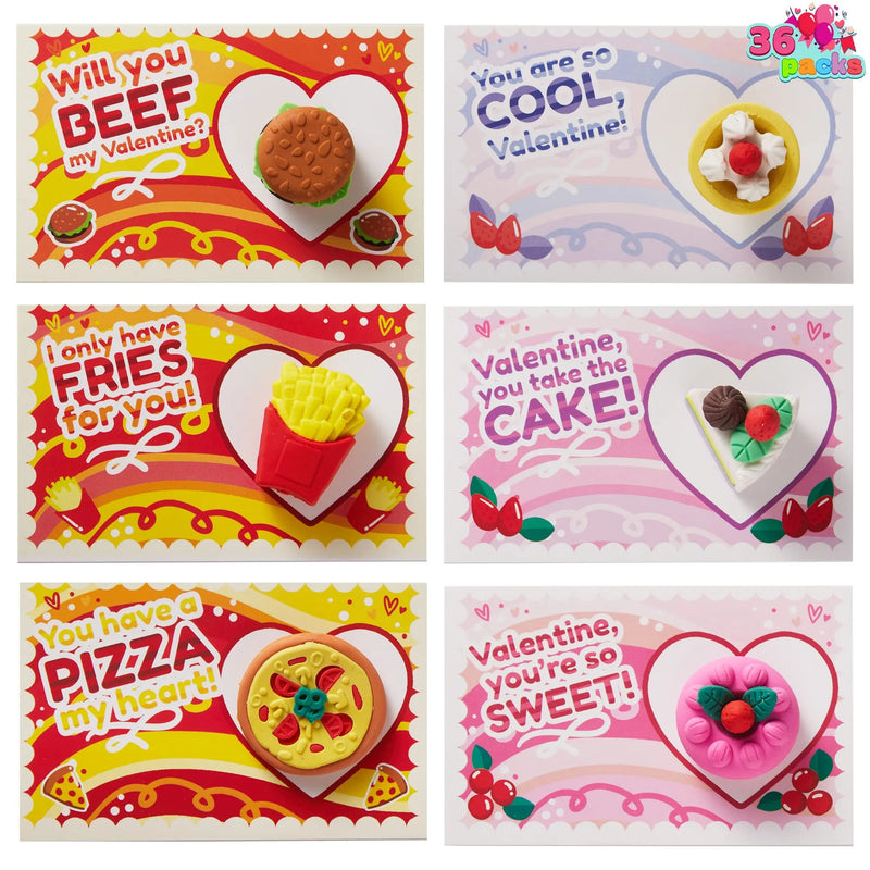 36Pcs Kids Valentines Cards with 3D Dessert Erasers for Kids-Classroom Exchange Gifts