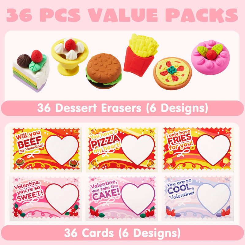 36Pcs  3D Dessert Erasers with Kids Valentines Cards for Classroom Exchange Gifts
