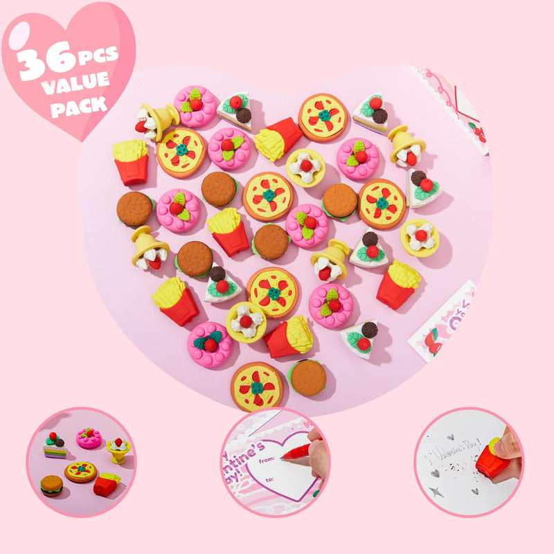JOYIN 36 Pieces Valentines Day Gift Cards with 3D Dessert Erasers for Kid Classroom Valentines Day Cards, Party Favor Toy Card Party Favor, Classroom