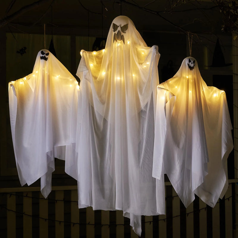 3 Pcs Halloween Light-up White Hanging Ghost, one 47in, Two 35.4in