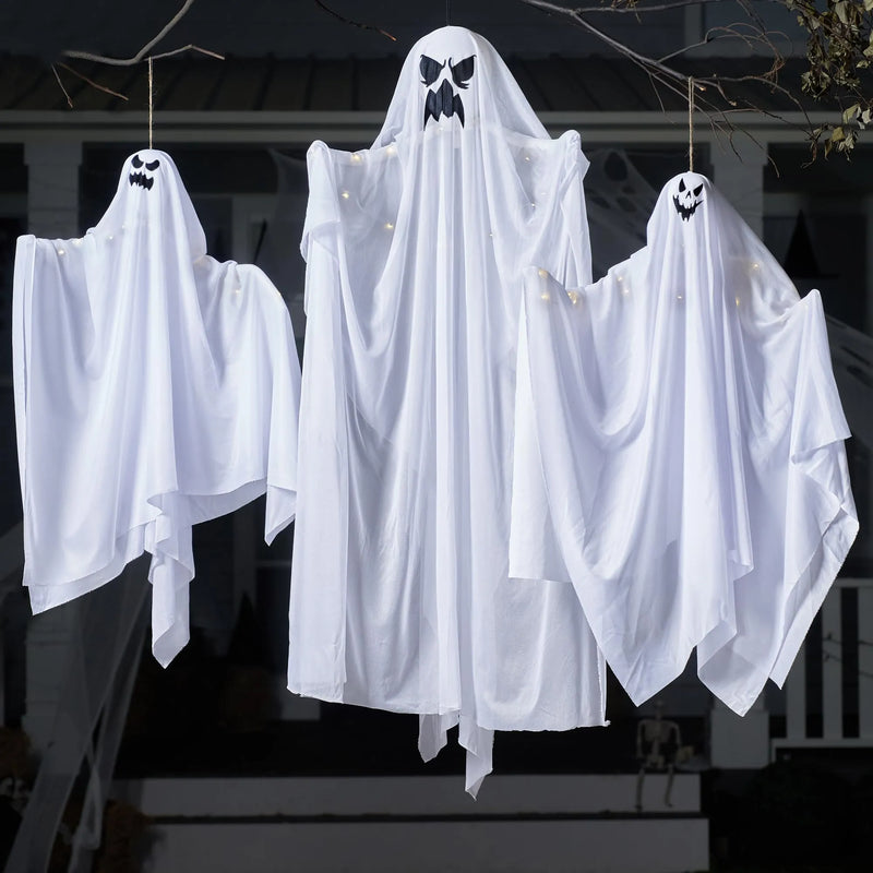 3 Pcs Halloween Light-up White Hanging Ghost, one 47in, Two 35.4in
