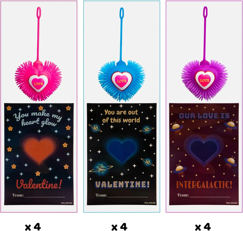 12Pcs LED Puffer Hearts Toys with Valentines Day Cards for Kids-Classroom Exchange Gifts