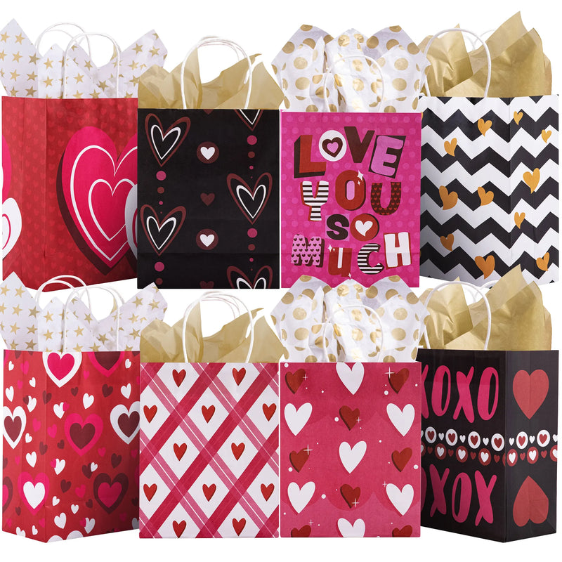 Paper Gift Bags With Filing Paper For Valentines Day In 4 Designs For Kids  (8 Pieces) - Joyin
