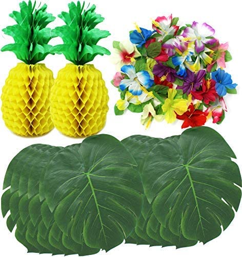 Tropical Table Decor with Palm Leave, Tissue Pineapple and Hibiscus Flowers, 50 pcs