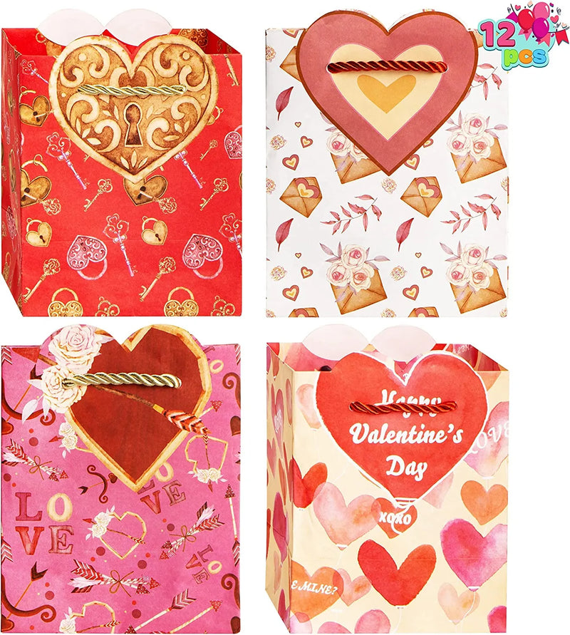 12Pcs Valentines Day Red Pink Kraft Paper Gift Bags with Handles