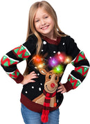 Kid Reindeer Ugly Black Sweater with Light Bulbs