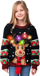 Kid Reindeer Ugly Black Sweater with Light Bulbs