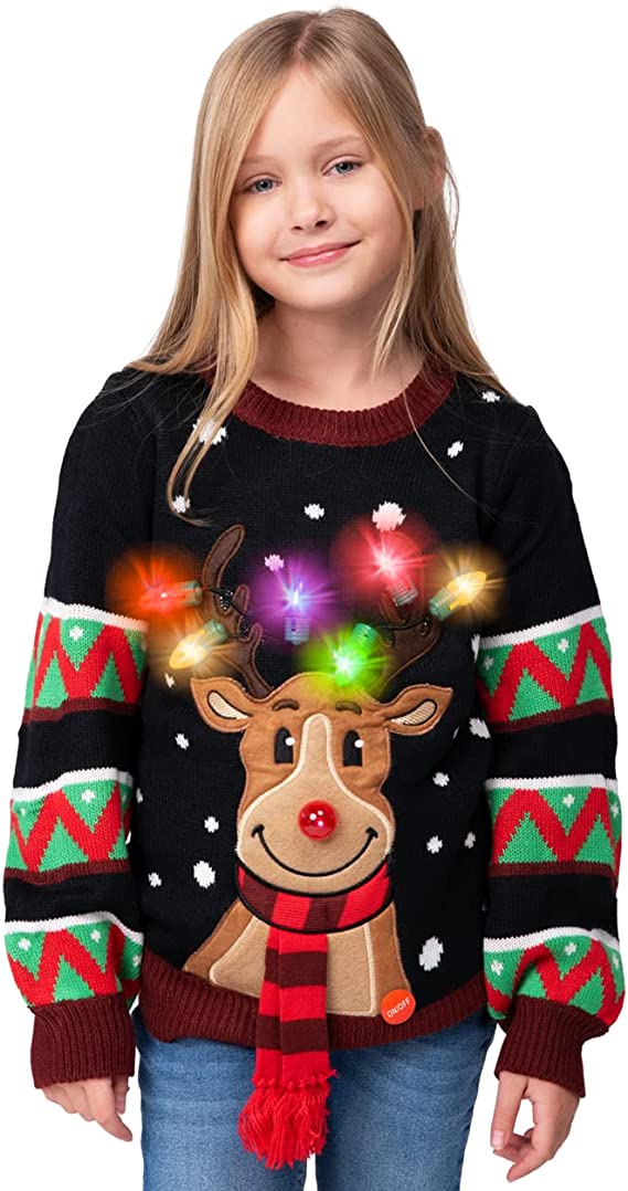 Kid Reindeer Ugly Black Sweater with Light Bulbs