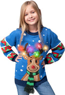 Kid Reindeer Ugly Blue Sweater with Light Bulbs