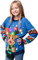 Kid Reindeer Ugly Blue Sweater with Light Bulbs