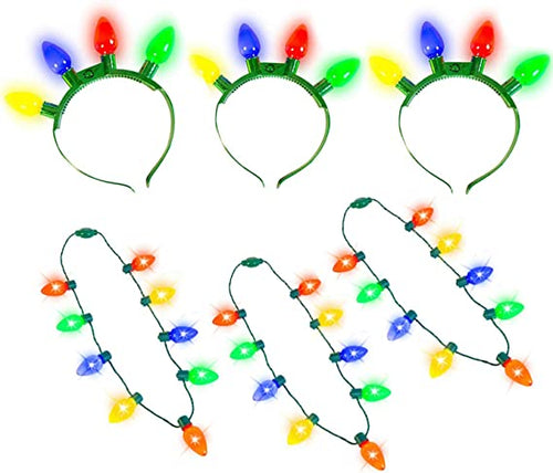 JOYIN 8PCS Christmas Light Up Headband And Necklace With 6 Flashing Modes, LED Christmas Lights Bulb Necklace Headband For Kids Women Men Xmas Party Supplies Accessories