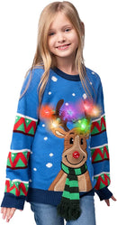 Kid Reindeer Ugly Blue Sweater with Light Bulbs