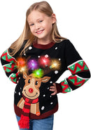 Kid Reindeer Ugly Black Sweater with Light Bulbs