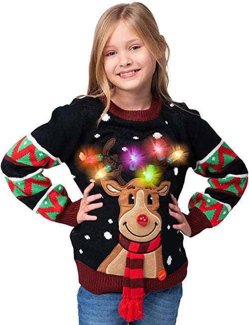 Kid Reindeer Ugly Black Sweater with Light Bulbs