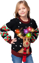 Kid Reindeer Ugly Black Sweater with Light Bulbs