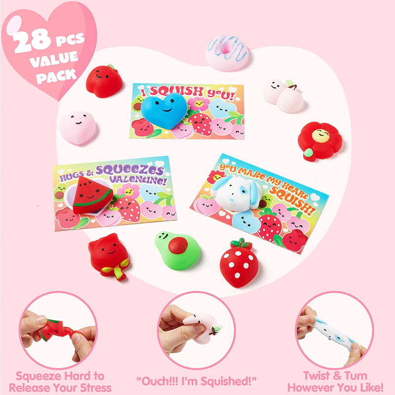 28Pcs Kids Valentines Cards with Mochi Squishy Toys-Classroom Exchange Gifts
