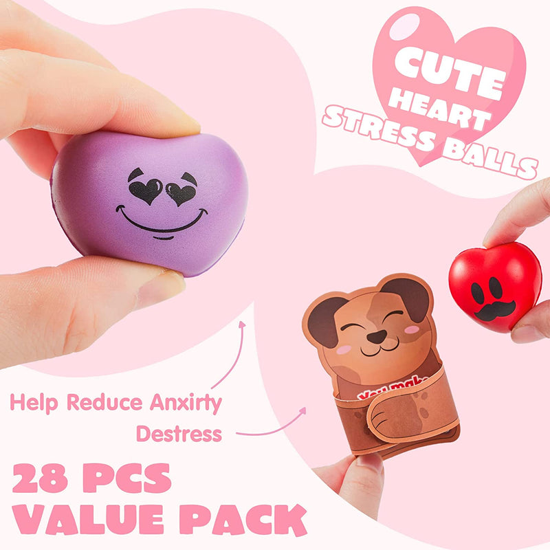 28Pcs Heart Squeeze Ball with Kids Valentines Cards for Classroom Exchange Gifts