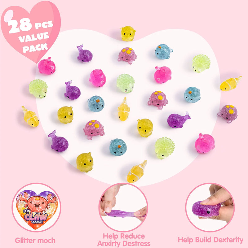 28Pcs Kids Valentines Cards with Glitter Mochi Squishy Toys-Classroom Exchange Gifts