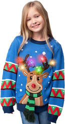 Kid Reindeer Ugly Blue Sweater with Light Bulbs