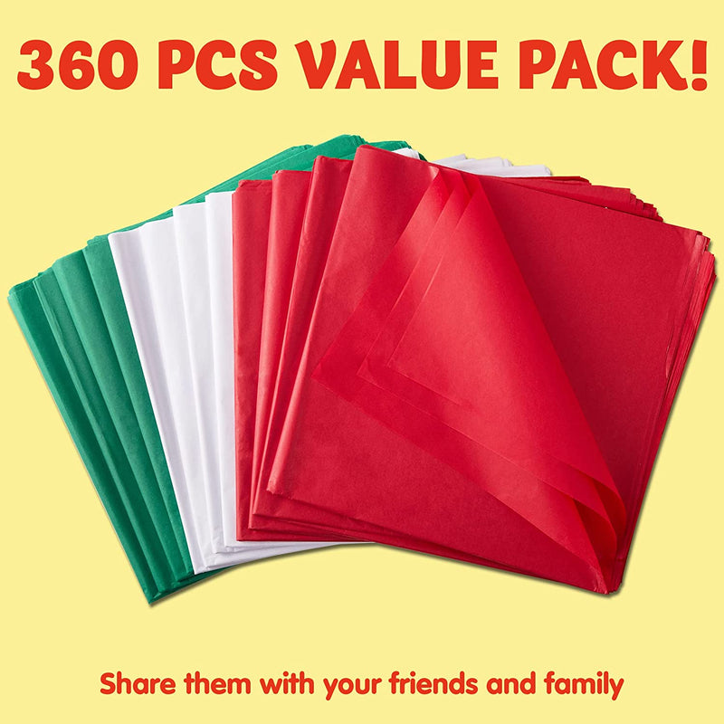 20" Holiday Tissue Paper Assortment (Red, Green & White), 360 Pcs