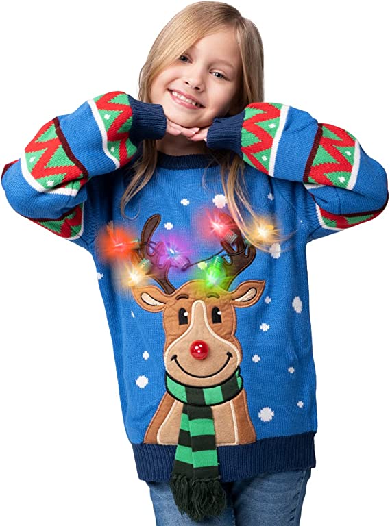 Kid Reindeer Ugly Blue Sweater with Light Bulbs