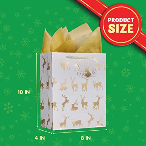 Christmas Holiday Foil Gold Gift Bags With Tissue Papers And Name Card Tags, 12 Pack