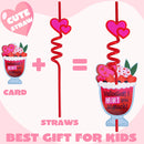 28pcs Drinking Straws Reusable with Kids Valentines Cards for Valentine Party Favors