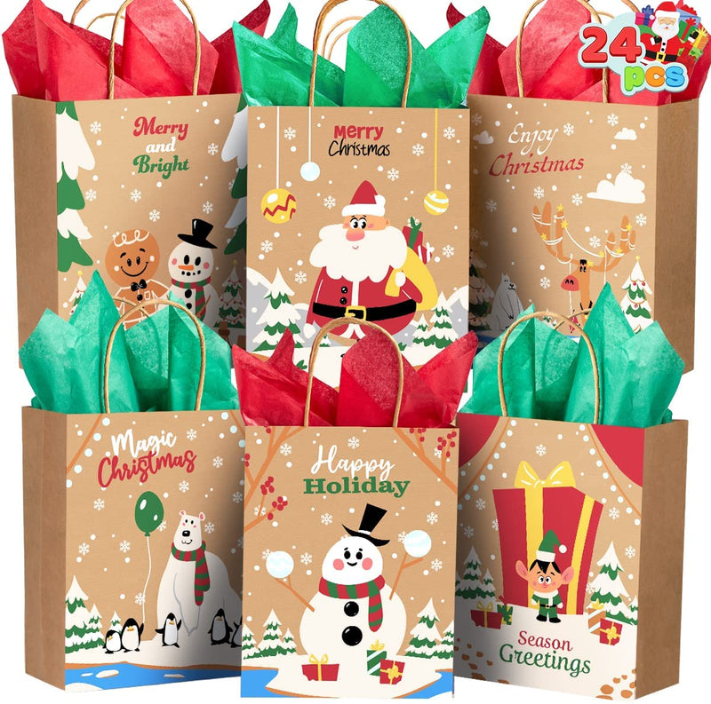 Christmas Kraft Paper Gift Bags with Twine Handles, 24 Pcs
