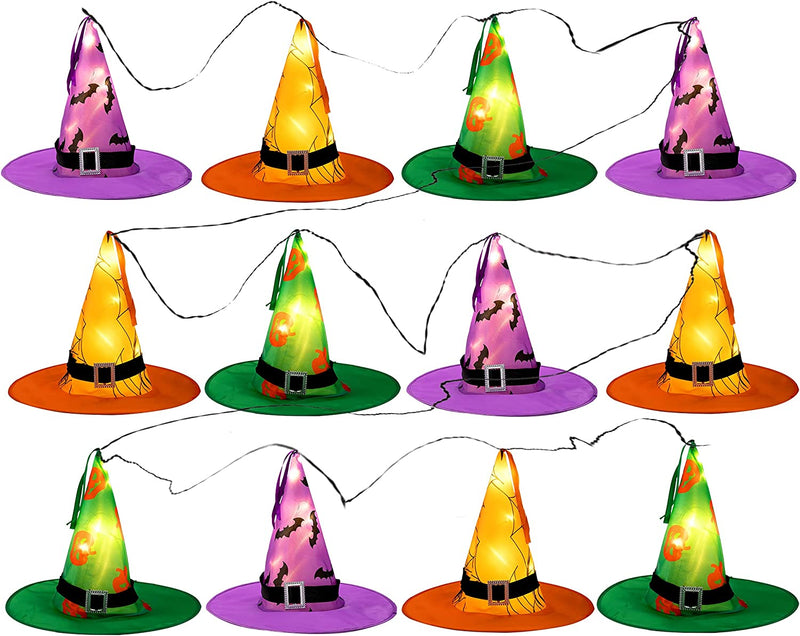 12Pcs Witch Hat Halloween String Lights with 8 Flashing Modes