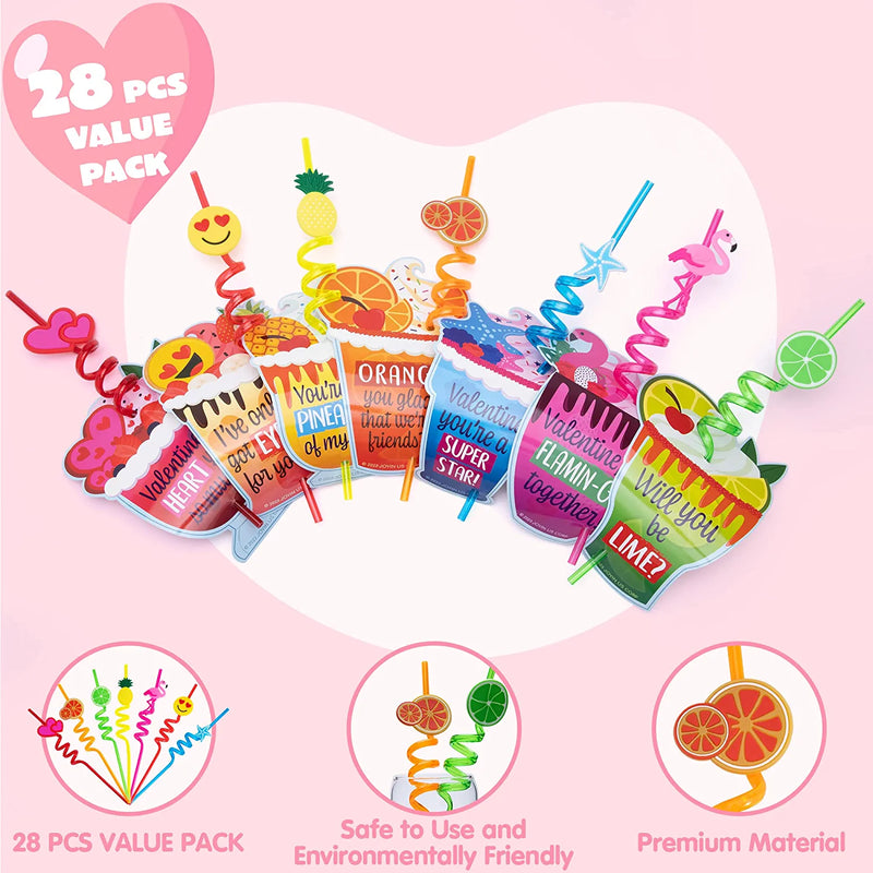 28Pcs Kids Valentines Cards with Drinking Straws Party Favor-Classroom Exchange Gifts