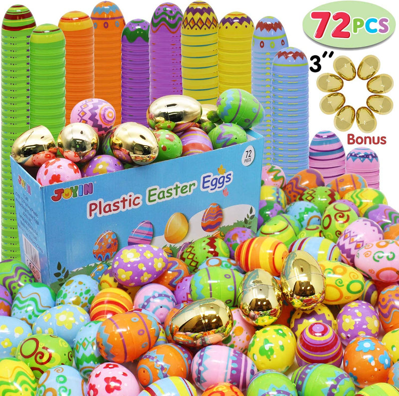 72Pcs Plastic Printed Bright Easter Egg Shells 3in