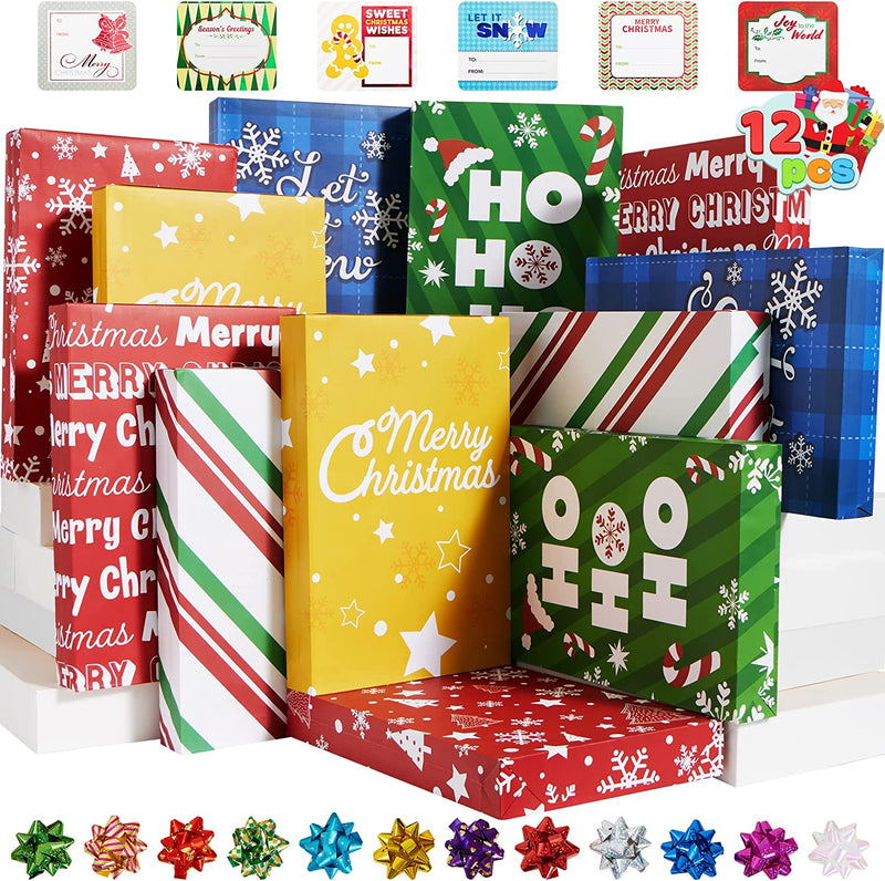 Holiday Wrapping Sleeve Gift Boxes Pull Bows Tag Set (6 Designs), 12 Pcs