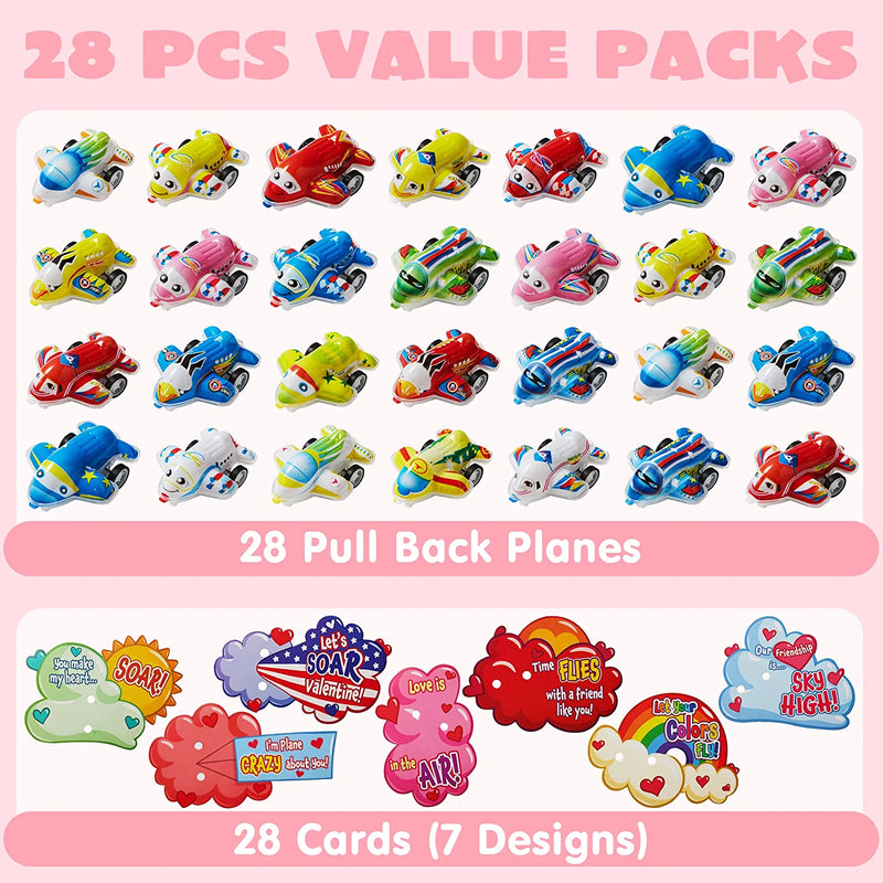28Pcs Kids Valentines Cards with Pull Back Airplanes-Classroom Exchange Gifts