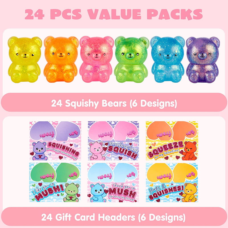 24Pcs Valentines Day Squishy Bear Toys with Valentines Day Cards for Kids-Classroom Exchange Gifts