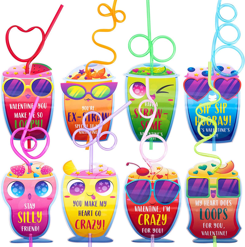 36Pcs Drinking Straws with Kids Valentines Cards for Valentine Party Favors
