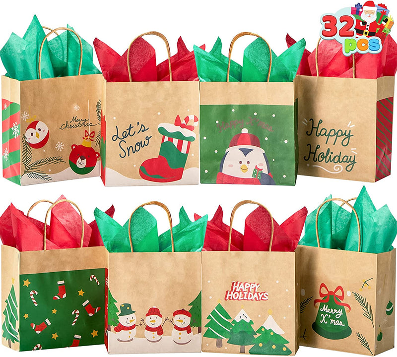 Small Kraft Paper Christmas Themed Bags with 10 Designs, 32 Pcs