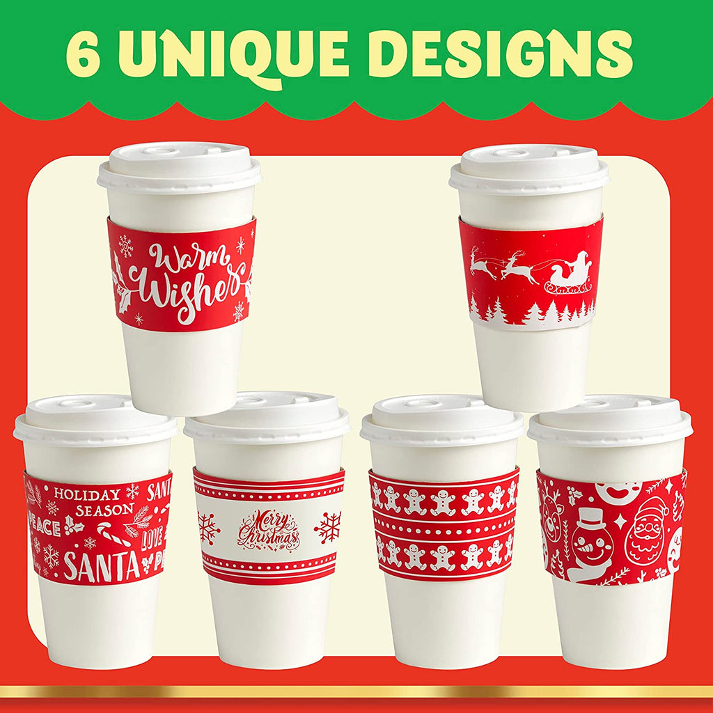 24pcs 16 oz 6 Designs Christmas Disposable Paper Cups with Cup Sleeves and Lids
